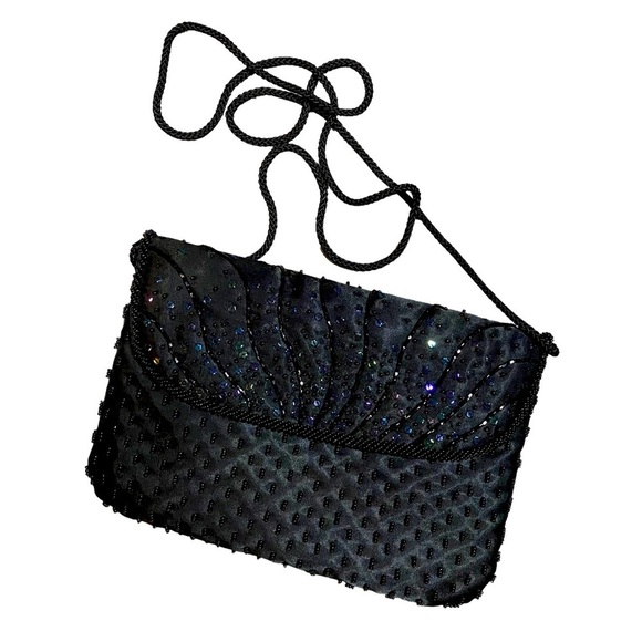 VALERIE STEVENS Sequined Beaded Satin Evening Bag w/ Shoulder Strap & Mirror - Picture 1 of 4